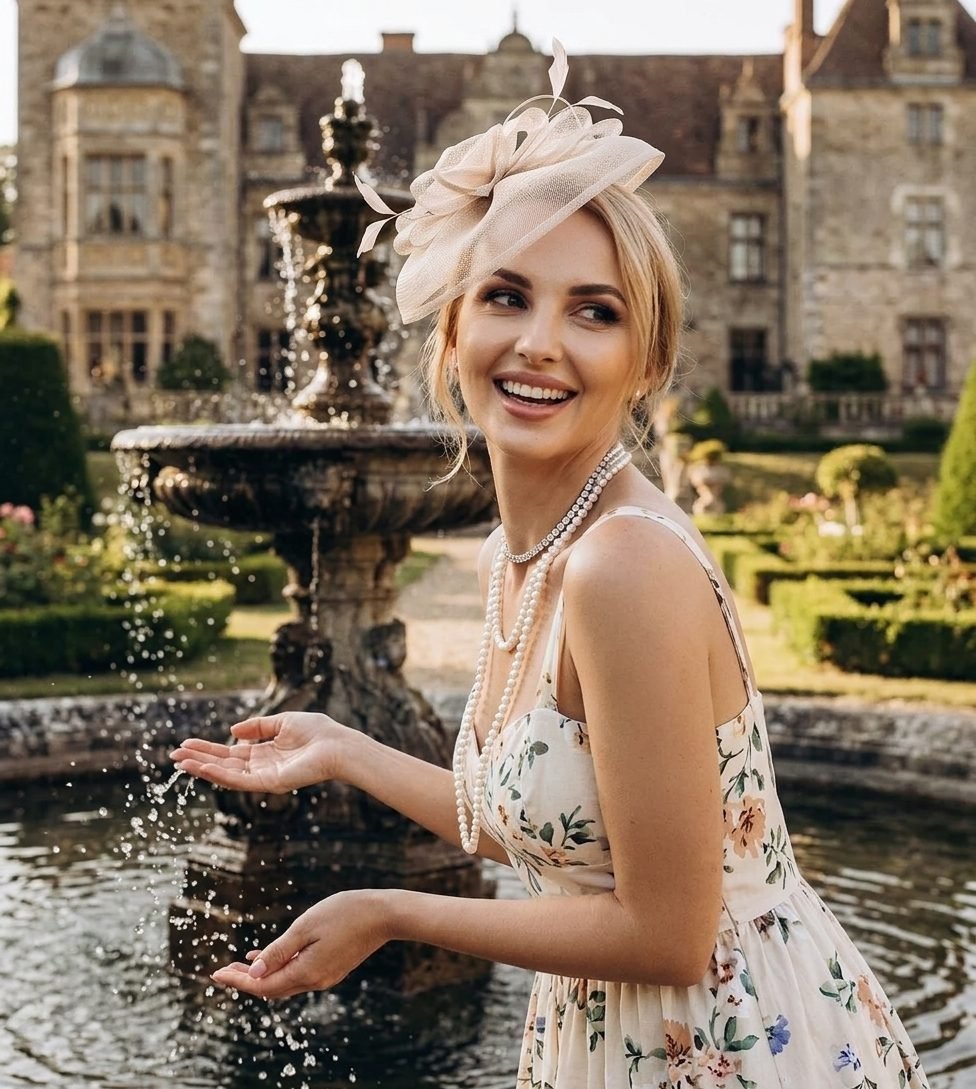 Kellan Cruz at a fountain before a stone manor house