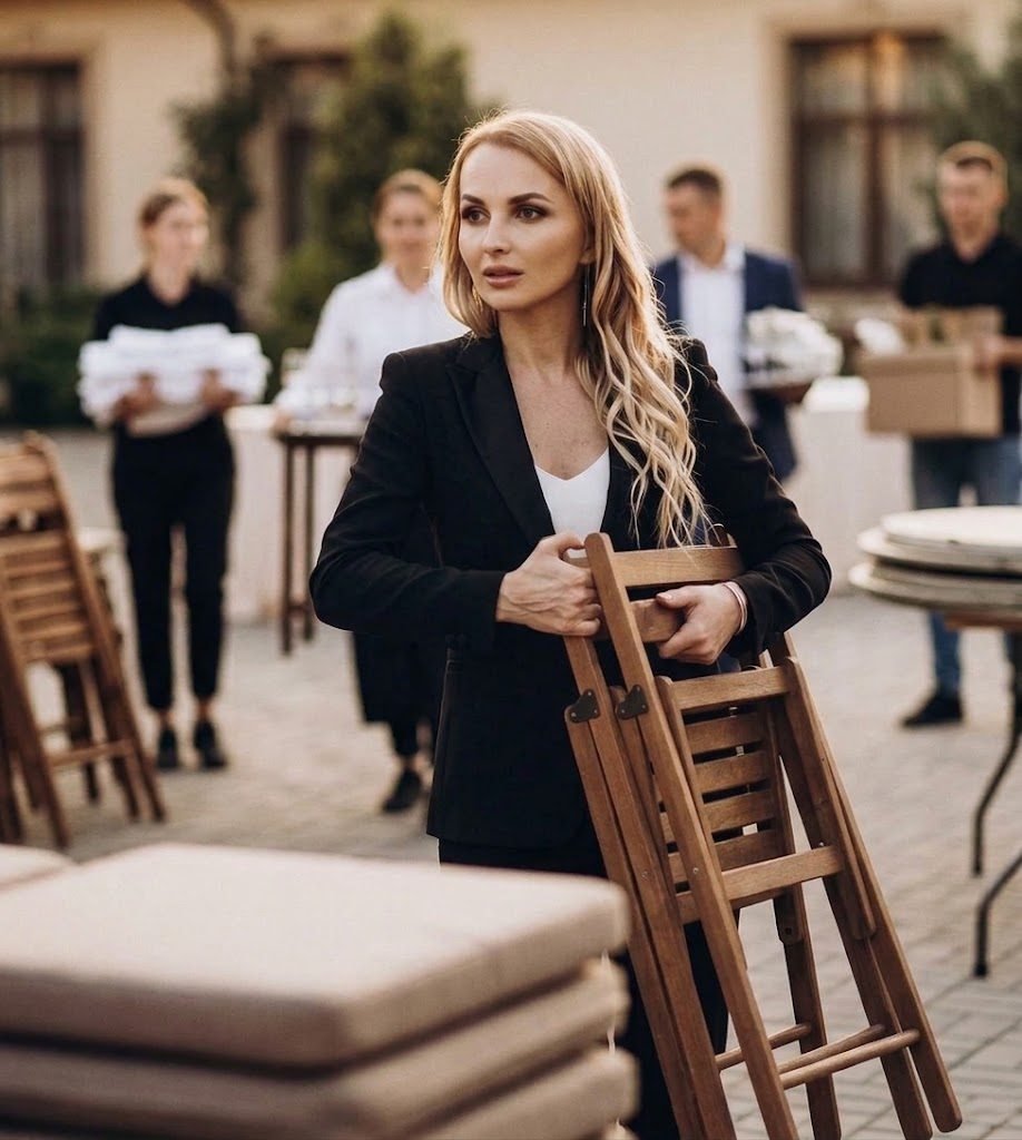 Kellan Cruz carrying a folding chair while setting up an event with her team